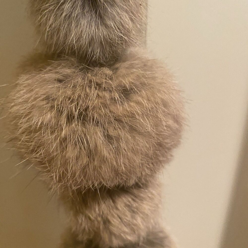 Brown Rabbit Fur Ball Scarf 59” Length, Leather Strip Connection - Picture 2 of 4